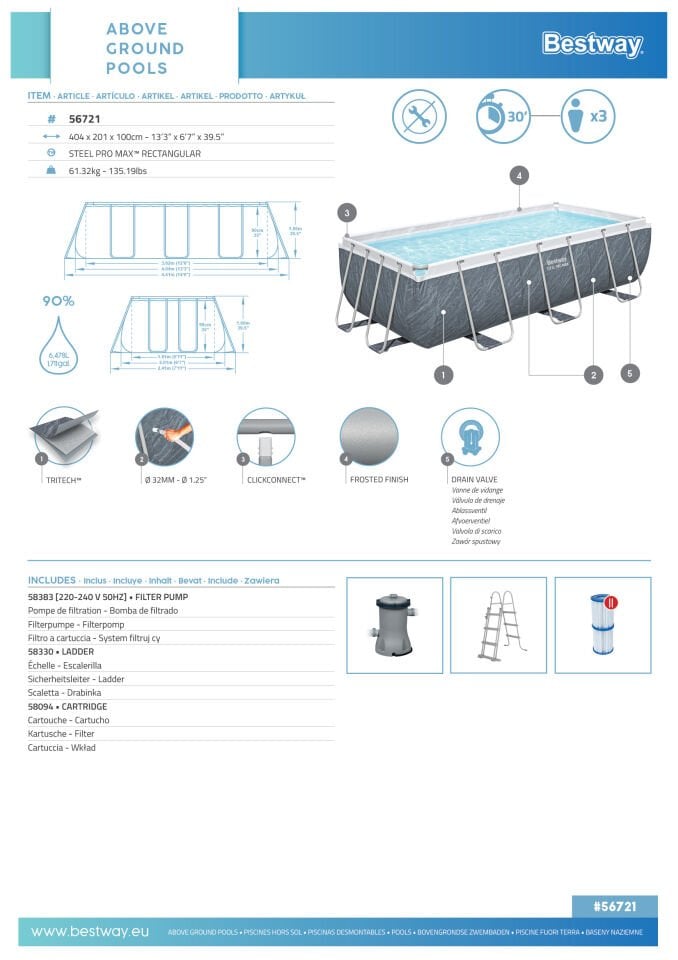 Bestway® 56721 Power Steel™ Prefabrik Yerüstü Havuz 4,04 m x 2,01 m x 1,00 m