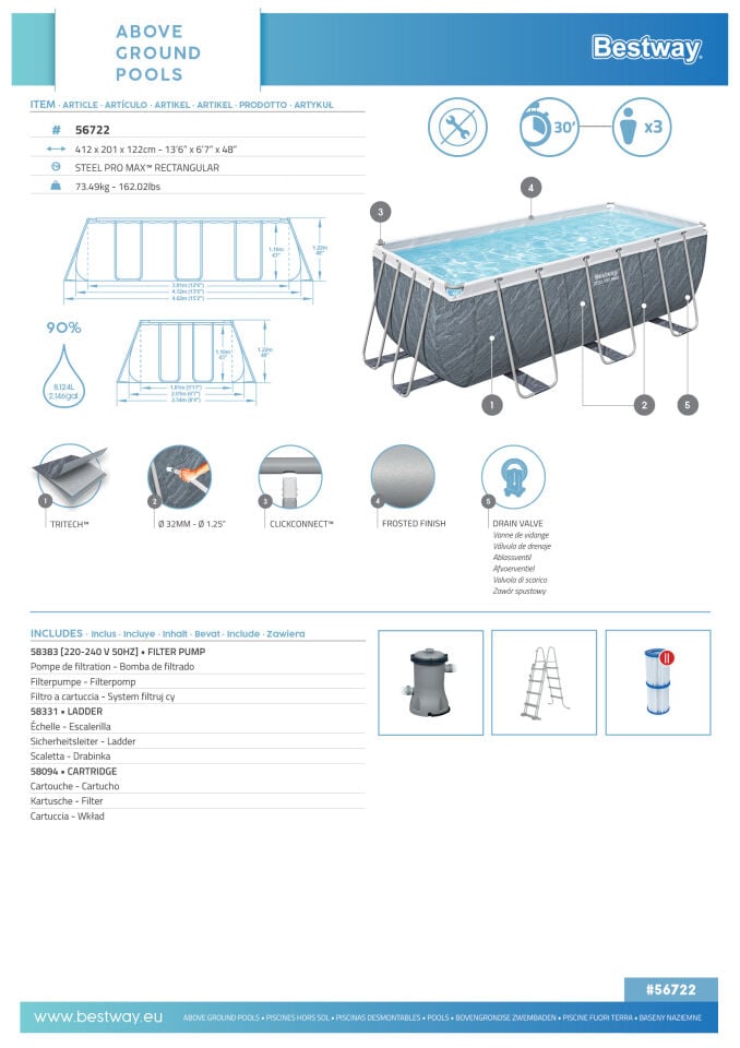 Bestway Prefabrik Havuz Steel Pro MAX  Prefabrik Yer Üstü Dikdörtgen Havuz Seti 4,12 m x 2,01 m x 1,22 m 56722