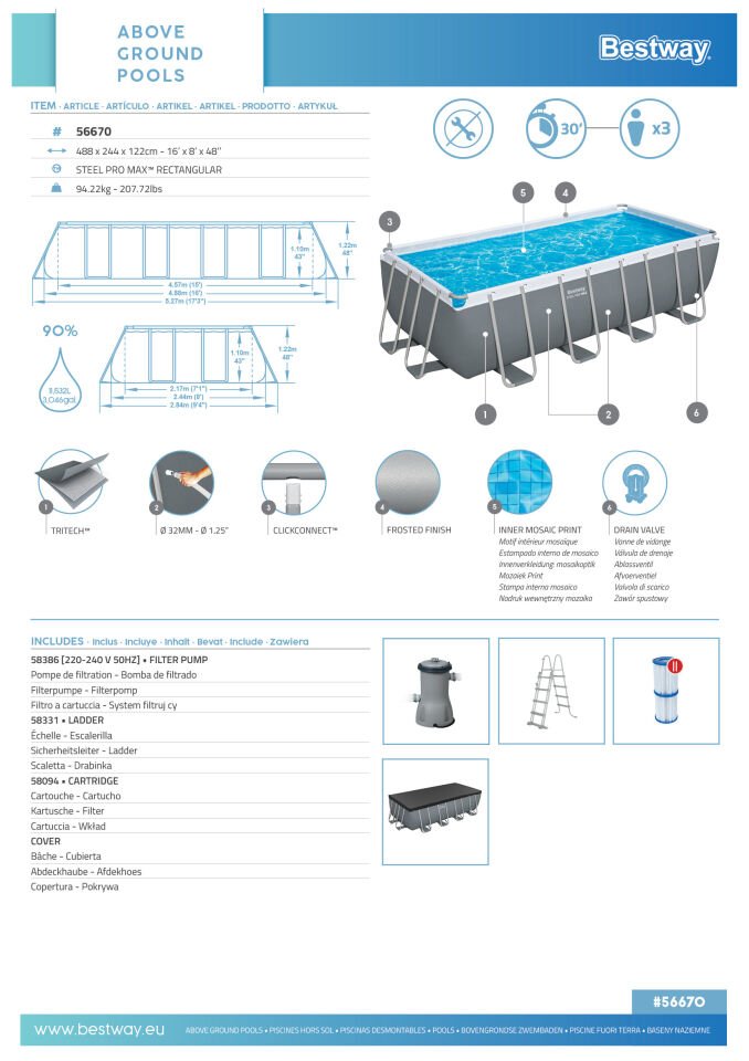 Bestway 56670 Steel Pro MAX Prefabrik Yer Üstü Havuz Seti 4,88 m x 2,44 m x 1,22 m