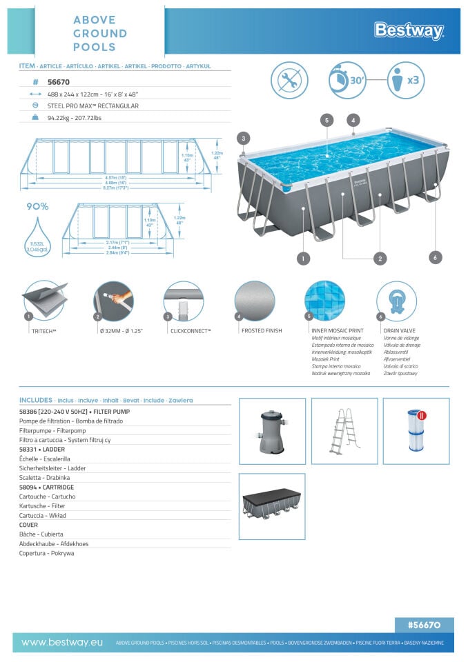 Bestway Prefabrik Havuz Steel Pro MAX Prefabrik Yer Üstü Havuz Seti 4,88 m x 2,44 m x 1,22 m 56670