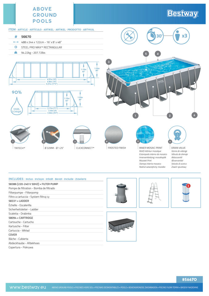 Bestway Prefabrik Havuz Steel Pro MAX Prefabrik Yer Üstü Havuz Seti 4,88 m x 2,44 m x 1,22 m 56670