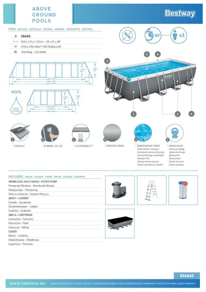 Bestway® 56465 Steel Pro MAX™ Prefabrik Yer Üstü Havuz Seti 5,49 m x 2,74 m x 1,22 m