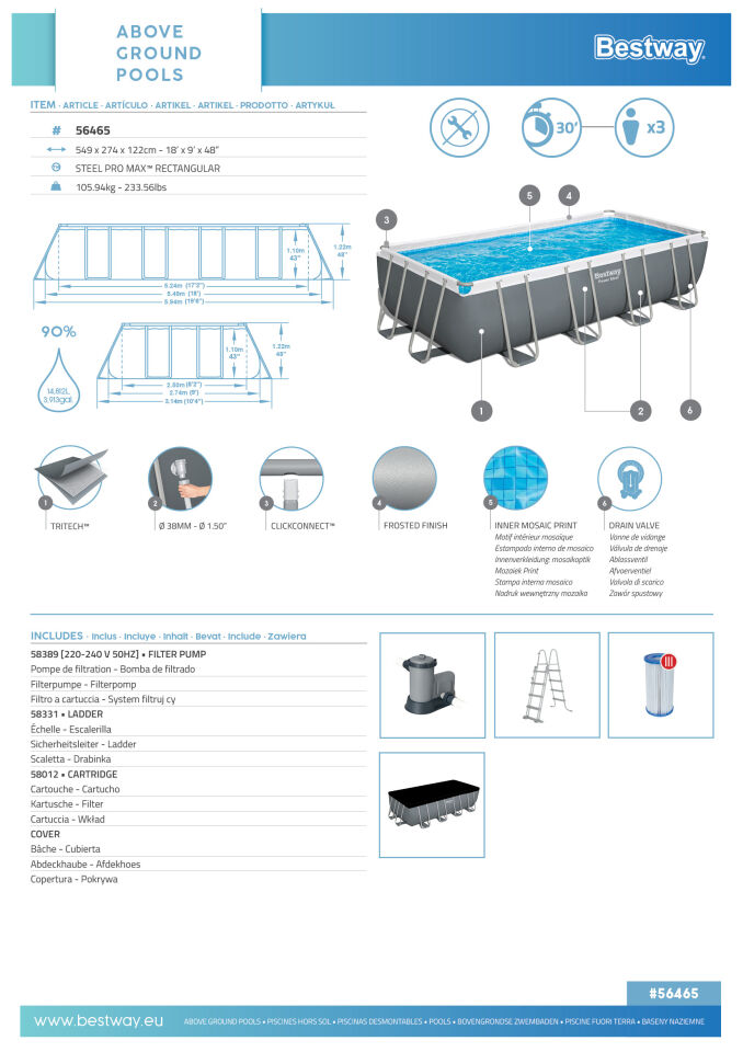 Bestway Prefabrik Havuz Steel Pro MAX  Prefabrik Yer Üstü Havuz Seti 5,49 m x 2,74 m x 1,22 m 56465