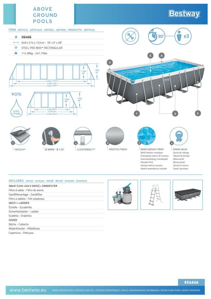 Bestway® 56466 Steel Pro MAX™ Prefabrik Yer Üstü Havuz Seti 5,49 m x 2,74 m x 1,22 m