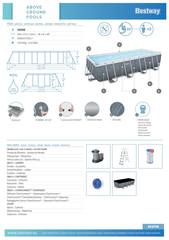 Bestway® Power Steel™ Prefabrik Yer Üstü Havuz Seti 5,49 m x 2,74 m x 1,22 m