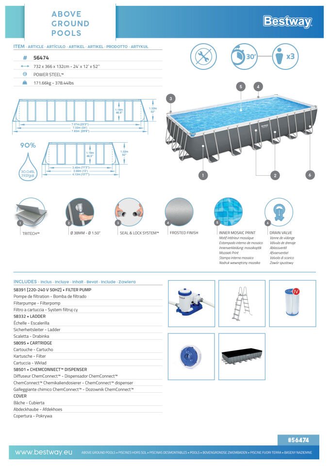 Bestway® 56474 Power Steel™ Prefabrik Yer Üstü Havuz Seti 7,32 m x 3,66 m x 1,32 m
