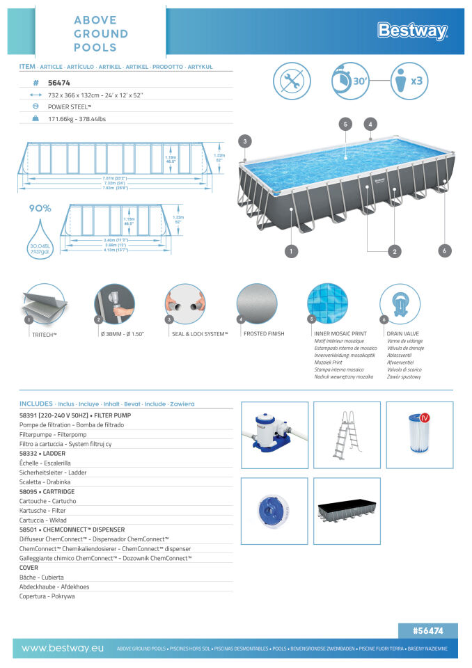 Bestway® 56474 Power Steel™ Prefabrik Yer Üstü Havuz Seti 7,32 m x 3,66 m x 1,32 m