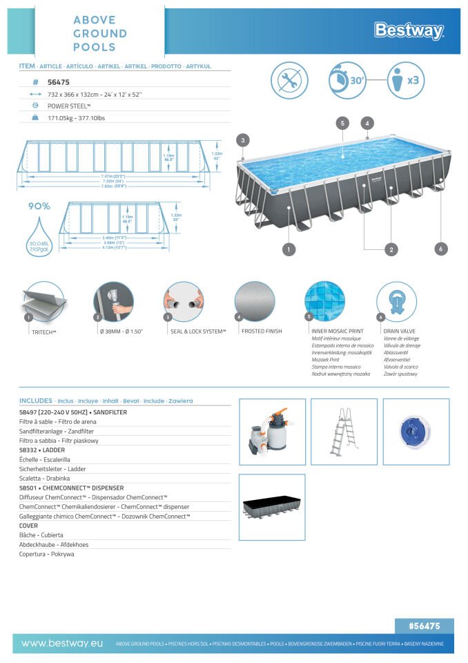 Bestway® 56475 Power Steel™ Prefabrik Yer Üstü Havuz Seti 7,32 m x 3,66 m x 1,32 m