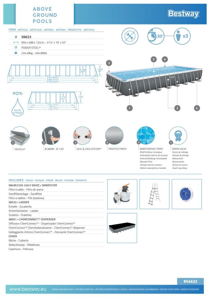 Bestway® 56623 Power Steel™ Prefabrik Dikdörtgen Yer Üstü Havuz Seti 9,56 m x 4,88 m x 1,32 m