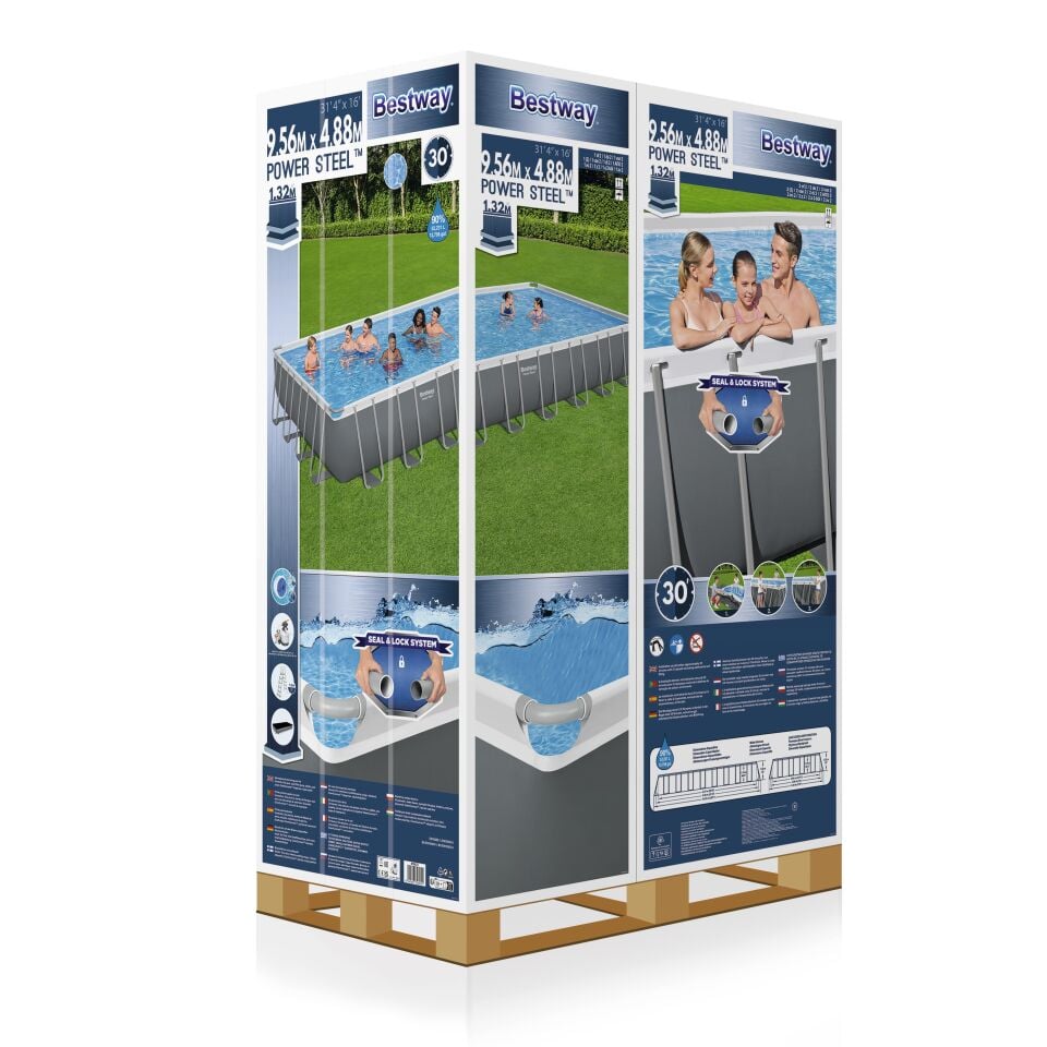 Bestway® 56623 Power Steel™ Prefabrik Dikdörtgen Yer Üstü Havuz Seti 9,56 m x 4,88 m x 1,32 m