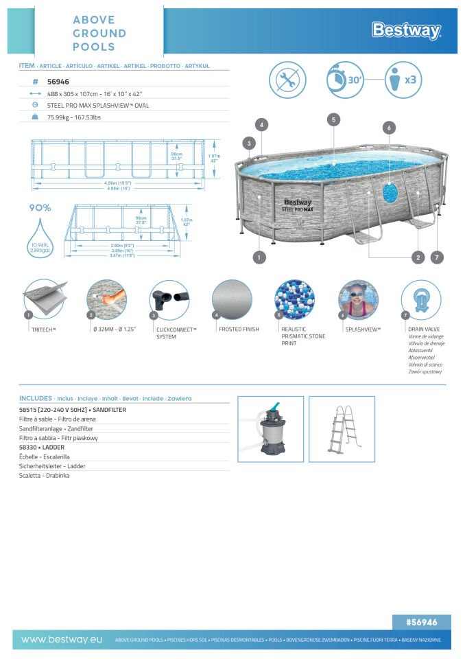 Bestway® 56946 Power Steel™ Vista Serisi 2-  Prefabrik Yer Üstü Havuz Seti 4,88 m x 3,05 m x 1,07 m