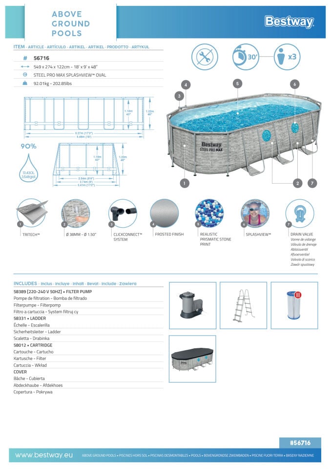 Bestway Preefabrik Havuz Power Steel Vista Serisi 2- Prefabrik Yer Üstü Havuz Seti 5,49 m x 2,74 m x 1,22 m 56716