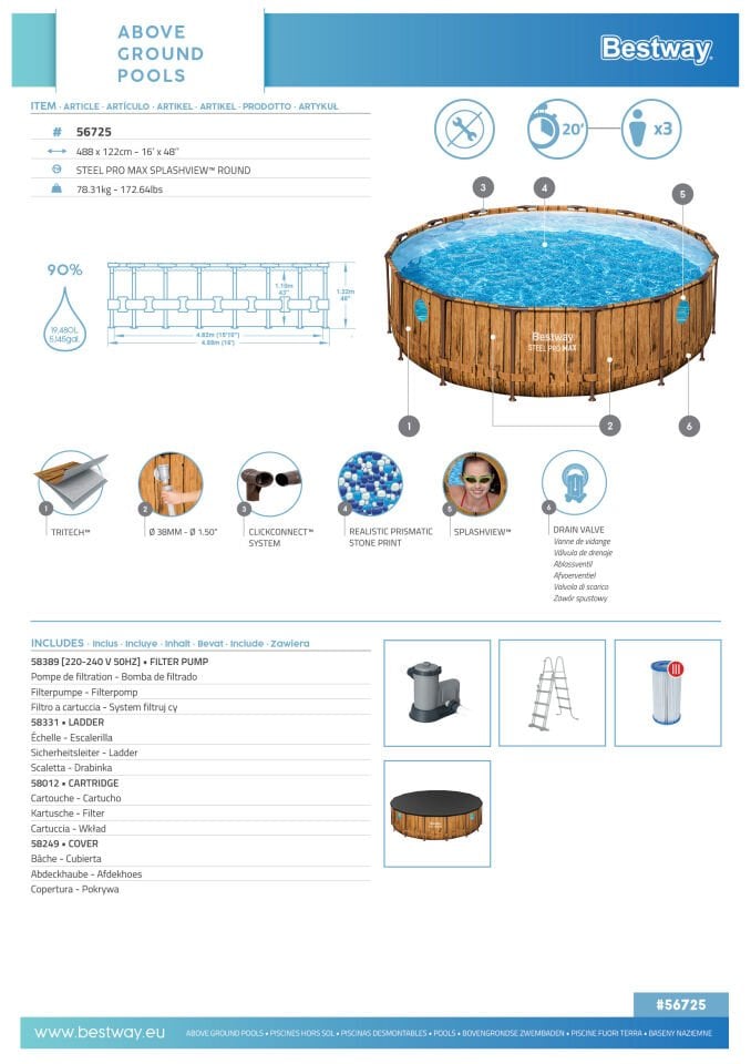 Bestway® 56725 Power Steel™ Vista Serisi 2-  Prefabrik Yer Üstü Havuz Seti 4,88 m x 1,22 m