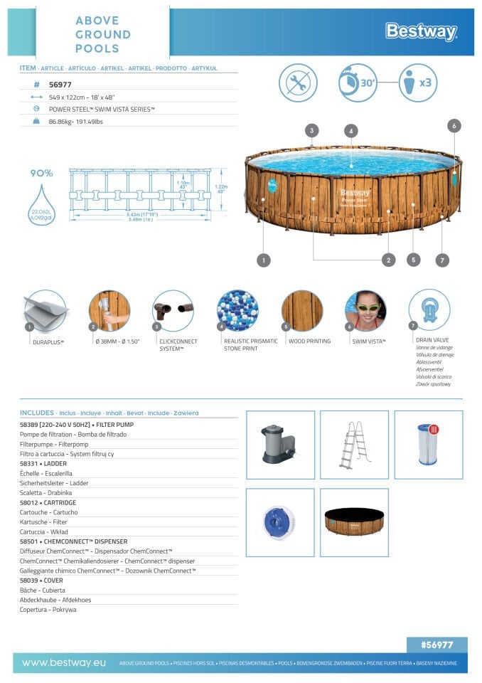 Bestway® 56977 Power Steel™ Vista Serisi 2-  Prefabrik Yer Üstü Havuz Seti 5,49 m x 1,22 m