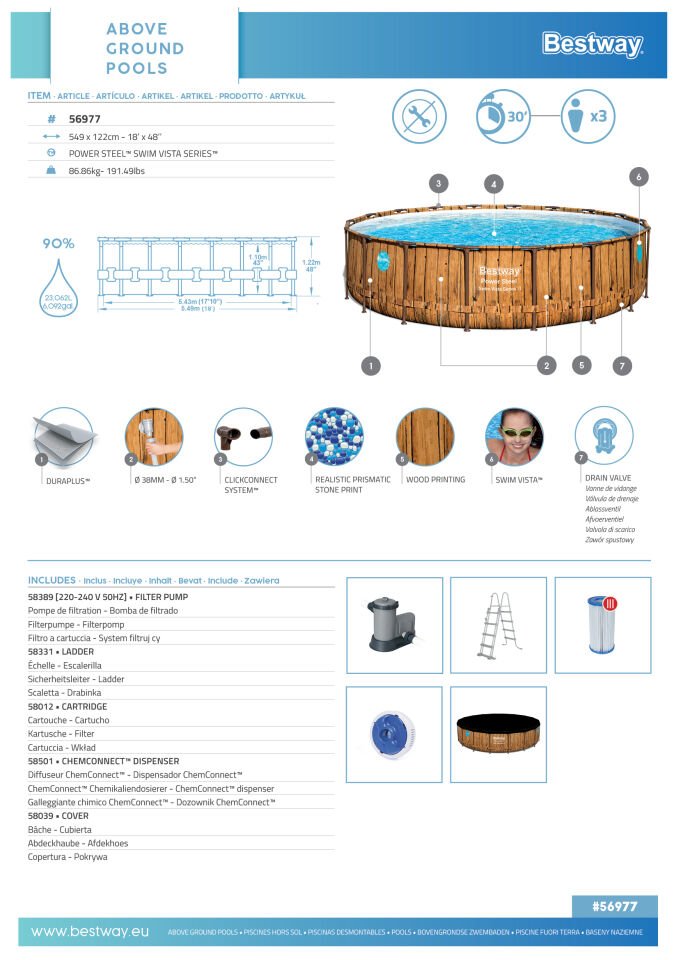 Bestway® 56977 Power Steel™ Vista Serisi 2-  Prefabrik Yer Üstü Havuz Seti 5,49 m x 1,22 m