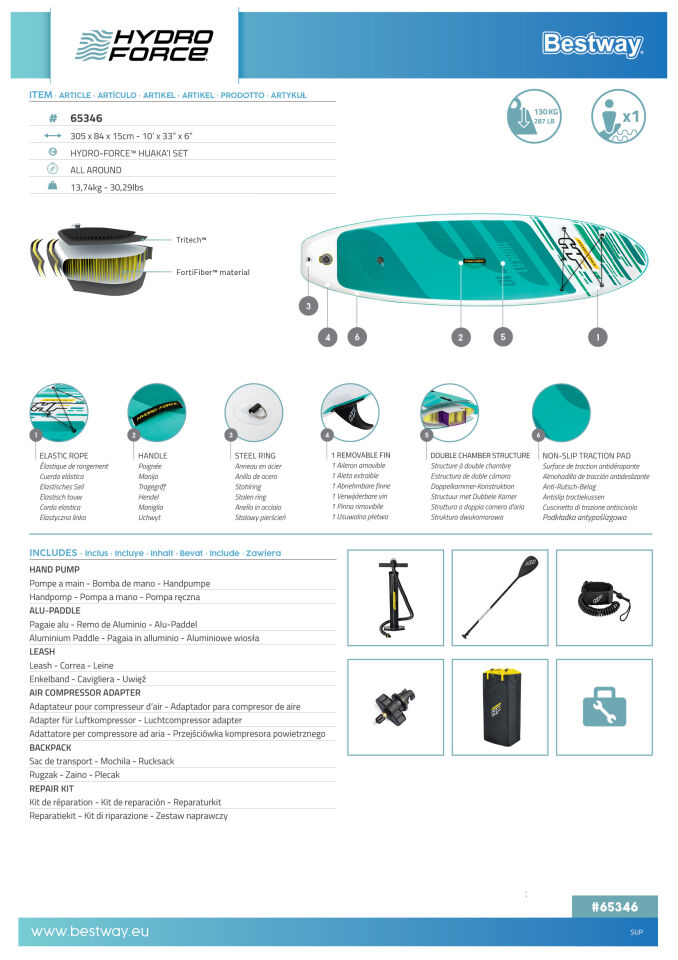 Hydro-Force 65346 Huakai Kürekli Şişme SUP-Sörf Seti 3,05 m