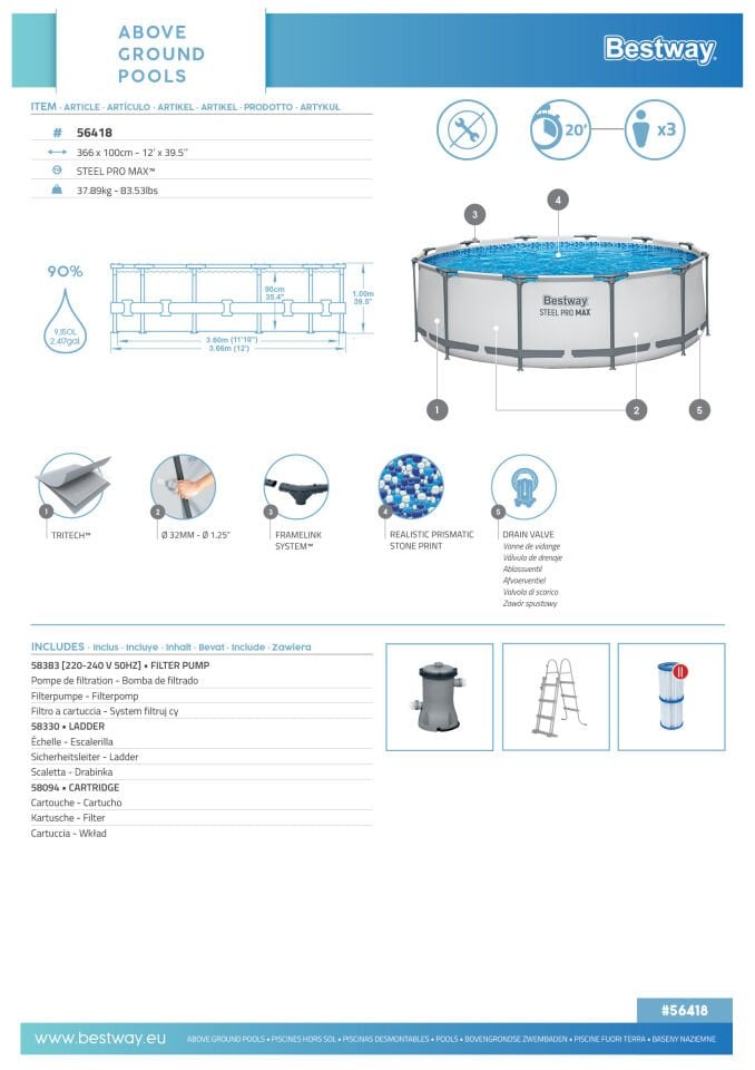 Bestway® 56418 Steel Pro MAX™ Yer Üstü Prefabrik Havuz Seti 3,66 m x 1,00 m