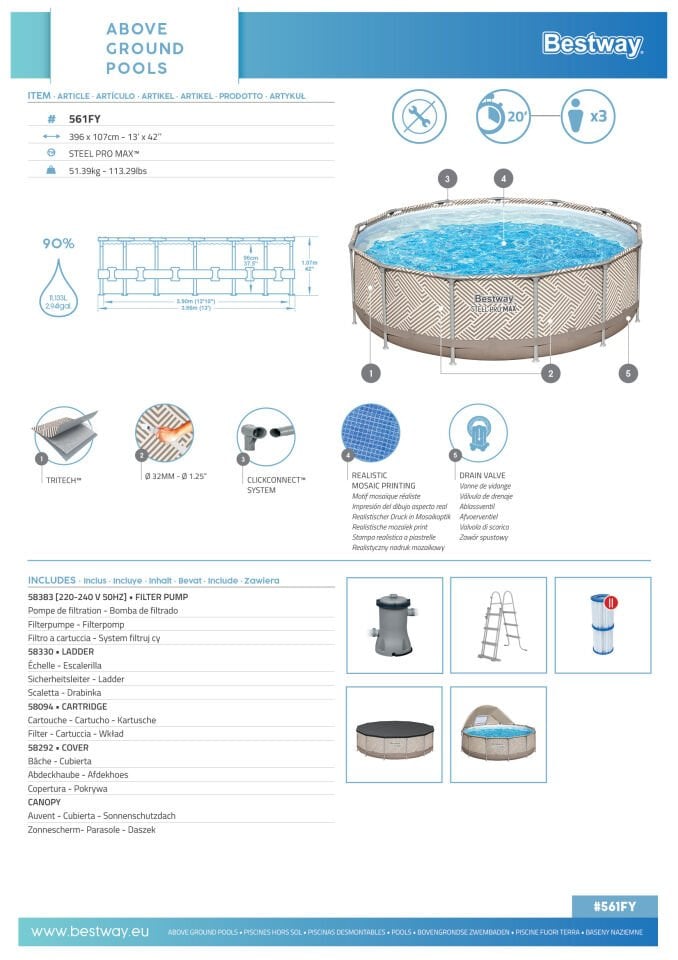 Bestway® 561FY Steel Pro MAX™ Gölgelikli Prefabrik Yer Üstü Havuz 3,96 m x 1,07 m