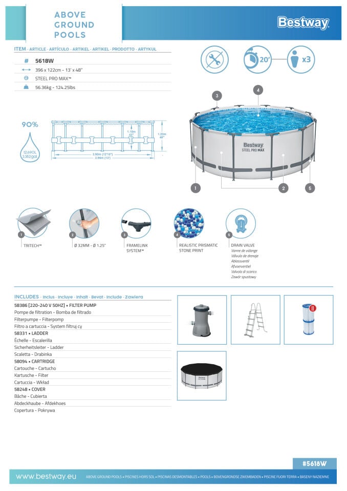 Bestway Prefabrik Havuz Steel Pro MAX  Prefabrik Yer Üstü Çember Havuz Seti 3,96 m x 1,22 m 5618W