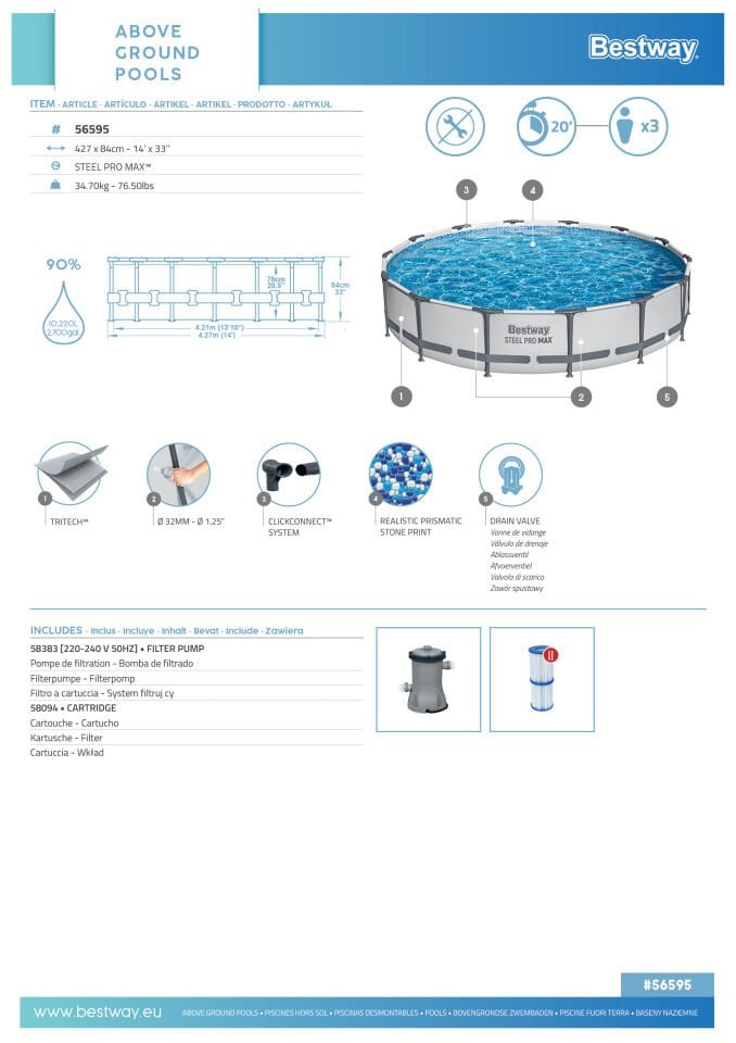 Bestway® 56595 Steel Pro MAX™ Prefabrik Yer Üstü Havuz Seti 4,27 m x 84 cm