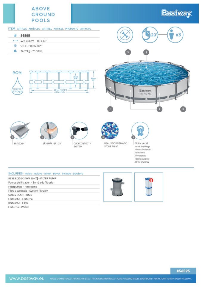 Bestway® Steel Pro MAX™ Prefabrik Yer Üstü Havuz Seti 4,27 m x 84 cm
