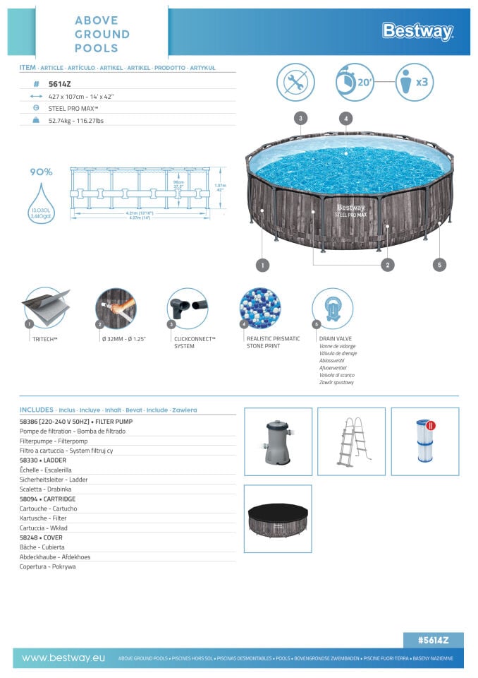 Bestway Prefabrik Havuz Steel Pro MAX  Prefabrik Yer Üstü Çember Havuz Seti4,27 m x 1,07 m 5614Z