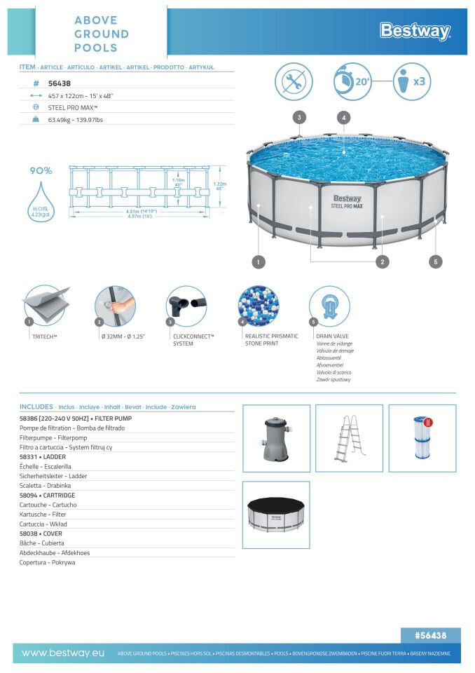 Steel Pro MAX 15'' x 48''/4.57m x 1.22m Round Pool Set
