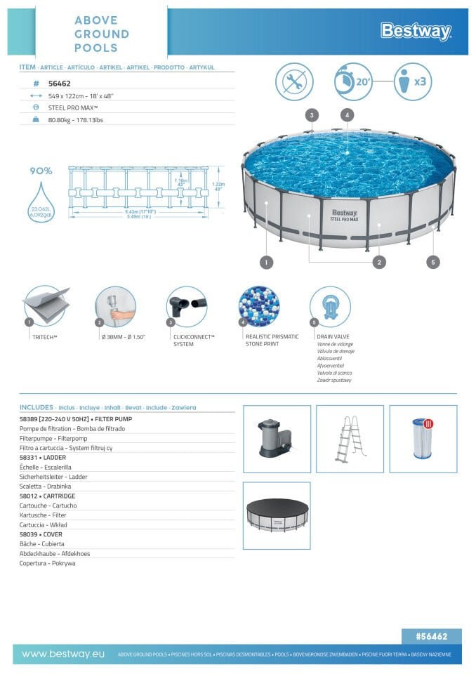 Bestway® 56462 Steel Pro MAX™ Prefabrik Yer Üstü Havuz Seti 5,49 m x 1,22 m