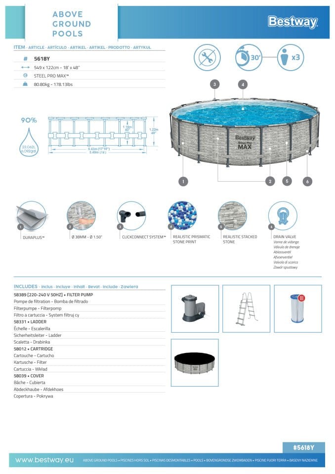 Bestway® Steel Pro MAX™ Prefabrik Yer Üstü Çember Havuz Seti 5,49 m x 1,22 m