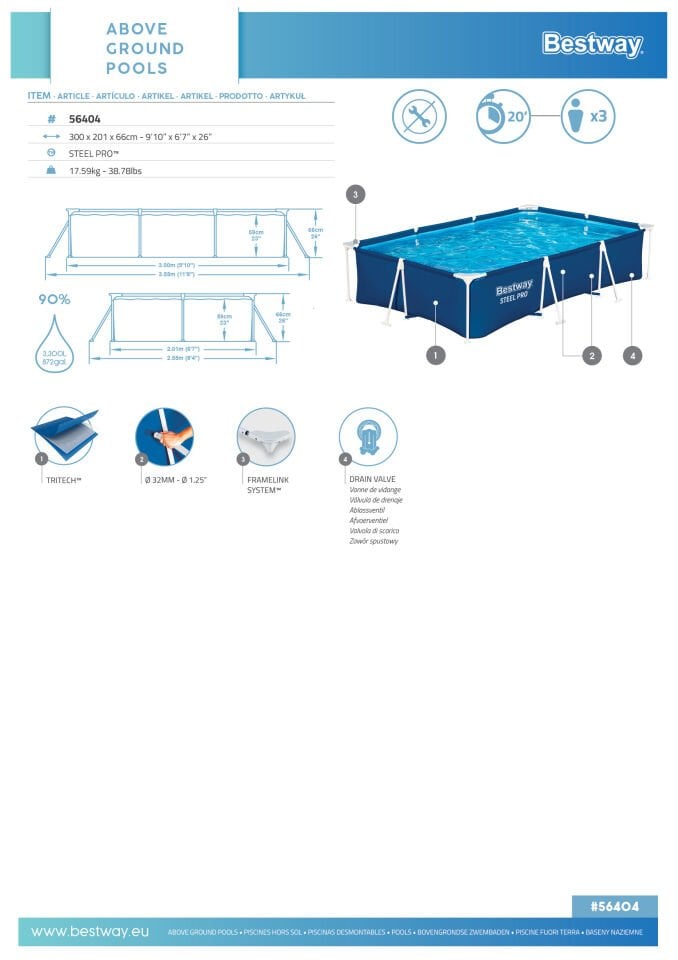 Bestway® 56404 Steel Pro® Dikdörtgen Yerüstü Prefabrik Havuz 3,00 m x 2,01 m x 66