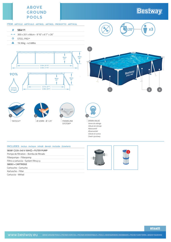 Bestway Prefabrik Havuz Steel Pro Dikdörtgen Yerüstü Prefabrik Havuz Seti 3,00 m x 2,01 m x 66 56411