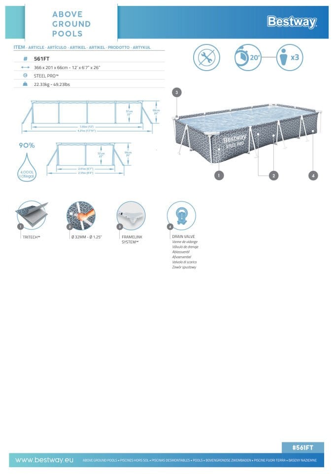Bestway® 561FT Steel Pro® Dikdörtgen Prefabrik Yer Üstü Havuz 3,66 m x 2,01 m x 66 cm