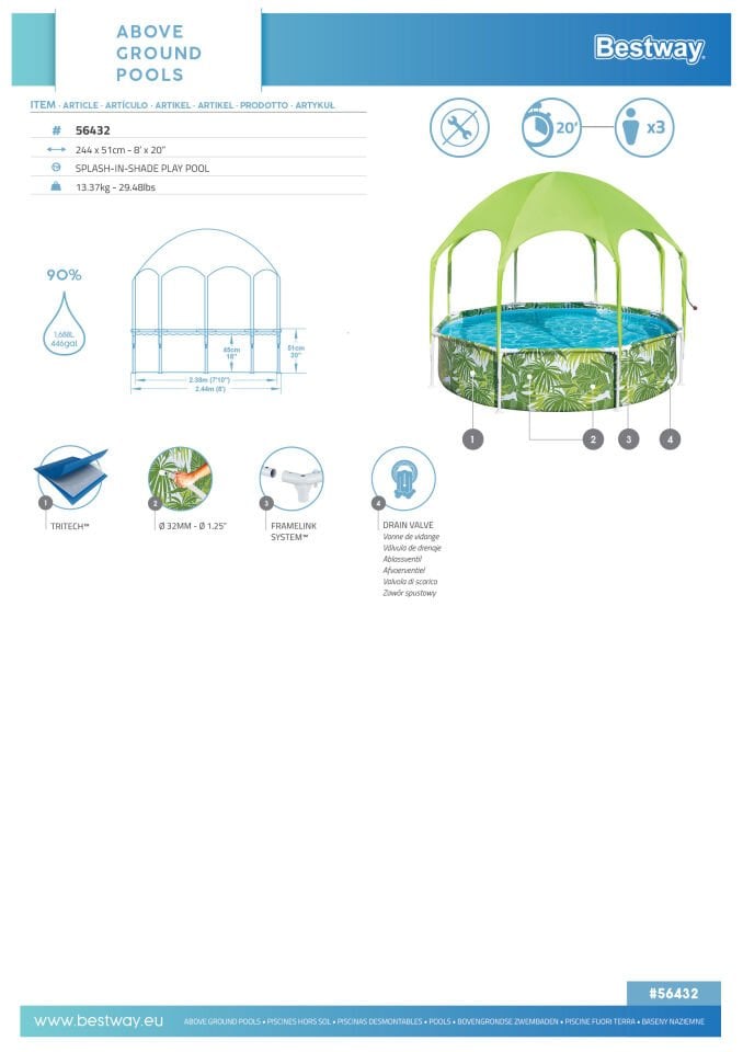 Bestway® 56432 UV Careful™ Gölgelikli Prefabrik Yer Üstü Çember Havuz