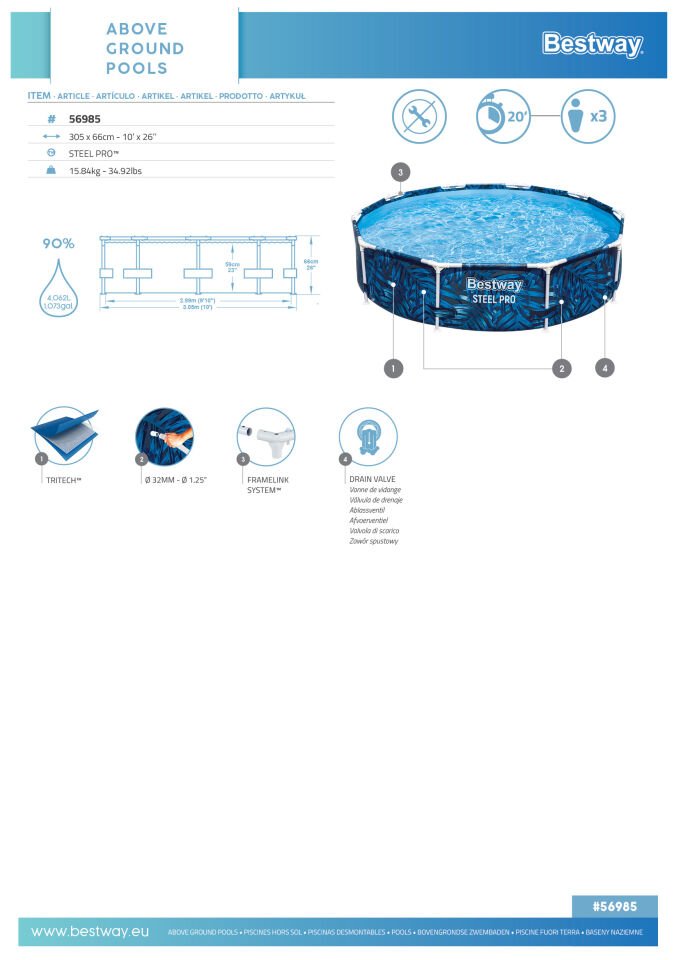 Bestway® Steel Pro®  Çember Yer Üstü Havuz 3,05 m x 66 cm