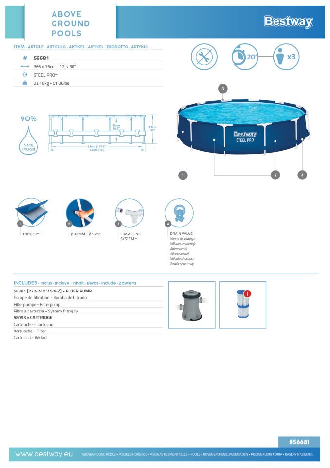 Steel Pro 12'' x 30''/3.66m x 76cm Round Pool Set