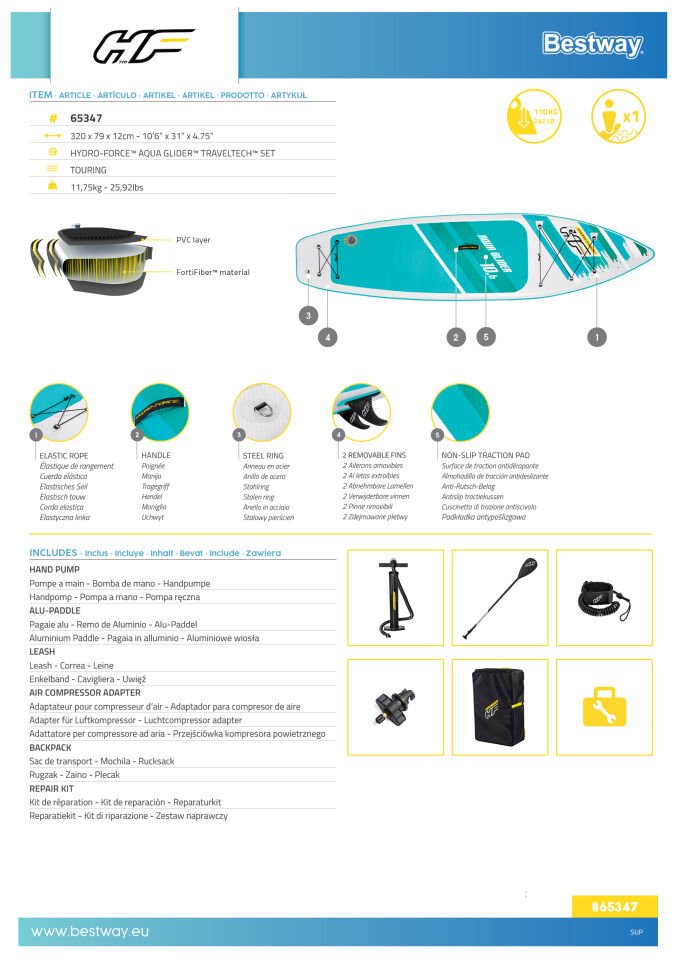 Hydro-Force™ 65347 Aqua Glider™ Kürekli Şişme SUP-Sörf Seti 3,20 m